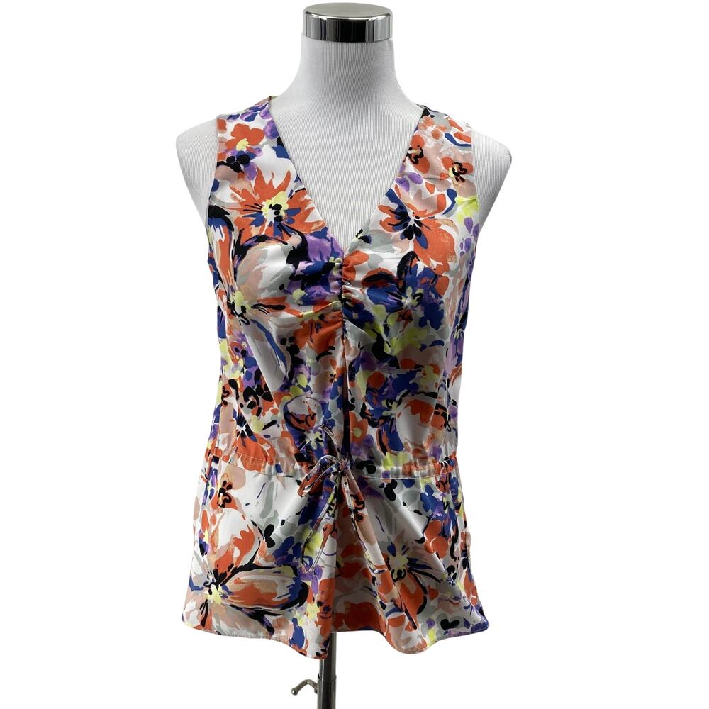 Banana Republic Women's S Floral Sleeveless V Neck Drawstring Waist Blouse Top